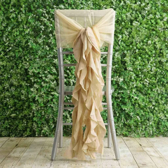 Champagne Premium Curly Chiffon Chair Cover Cap With Sashes