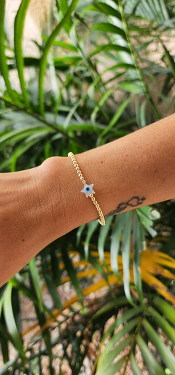 Mother Of Pearl Star Gold Filled Beaded, Isabella Celini, Eye Bracelet, Stretch Stacking Gift For Her, Dainty Heart Bracelet
