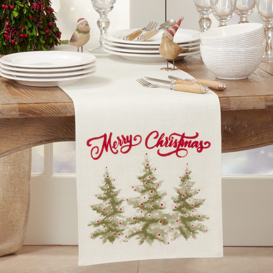 Holiday Table Runner With Merry Christmas Trees Design