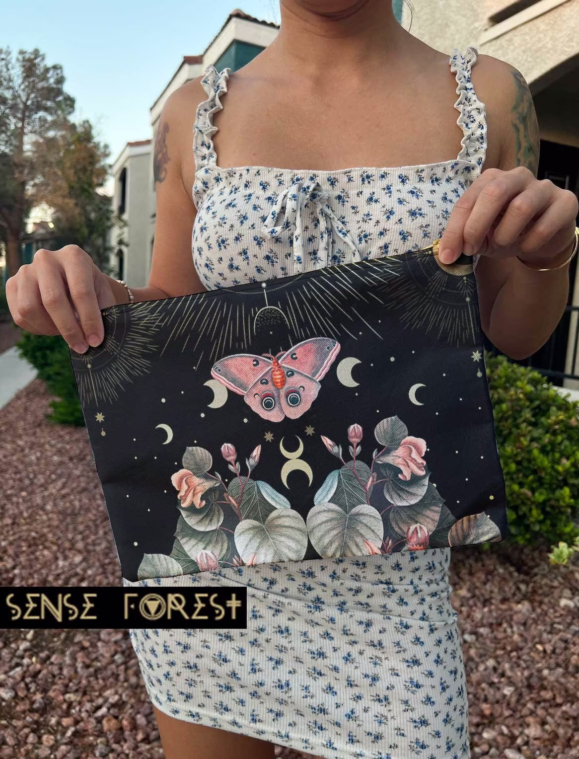 Witchy Moon Phase Moth Forest Pencil Pouch, Cute Cosmetic T Pouch, Travel Makeup Bag, Zipper Witch Toiletry Organizer
