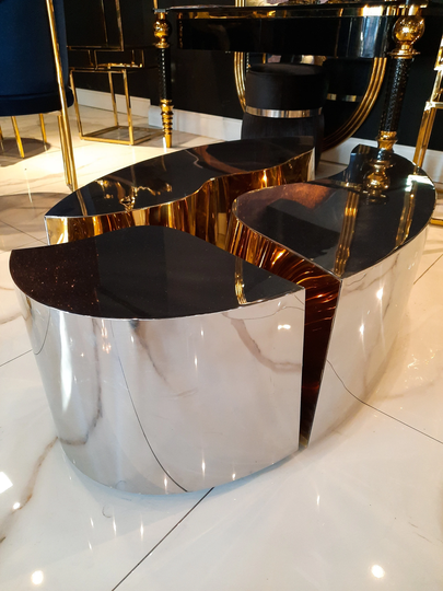 Titanium Gold Oval Coffee Table Set, 3 Pieces, Stainless Steel Table, Center Mirrored Modern Luxury