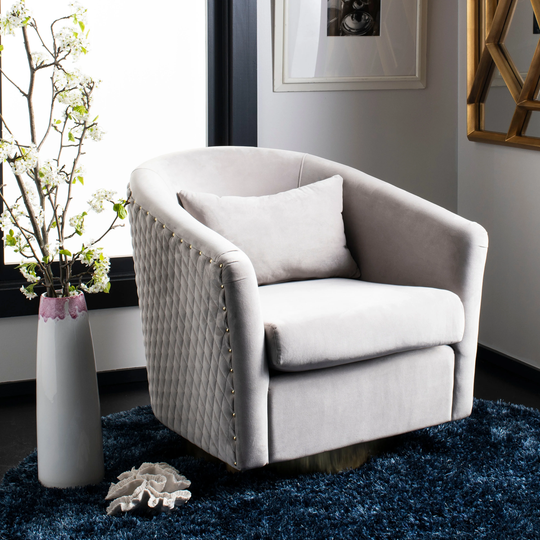 SAFAVIEH Couture Clara Pale Taupe Fabric Quilted Swivel Tub Chair - 29.9"x31.7"x29.7"