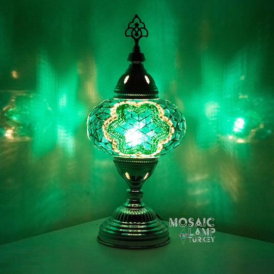 Emerald Green Silver Color Mosaic Table Lamp, Stained Glass Chrome-Plated Desk Light, Authentic Boho Living Room Tabletop