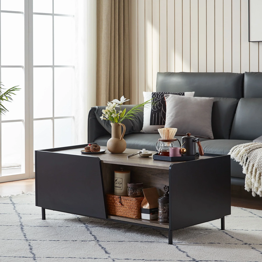 Black Rectangle Center Table Classical Coffee Table with 2 Drawers Sofa Table with Open Storage Shelf End Table for Living Room