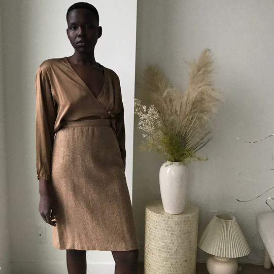 Tweed Pencil Skirt - Dark Honey Beige & Mocha, Size S 90's Vintage Clothing