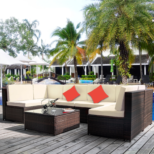 7 Pieces Patio Furniture Set PE Rattan Sectional Garden Furniture Corner Sofa Set with Cushion Included and Tempered Glass Table