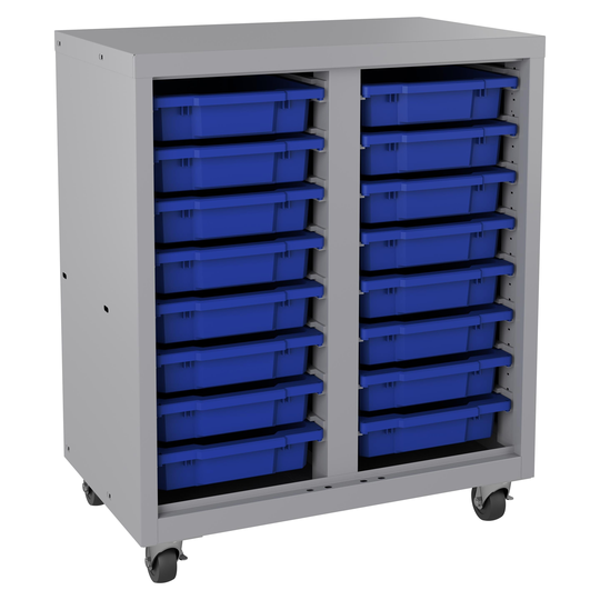 Space Solutions Bin Storage Cabinet w 16 tote bins, Platinum/Blue