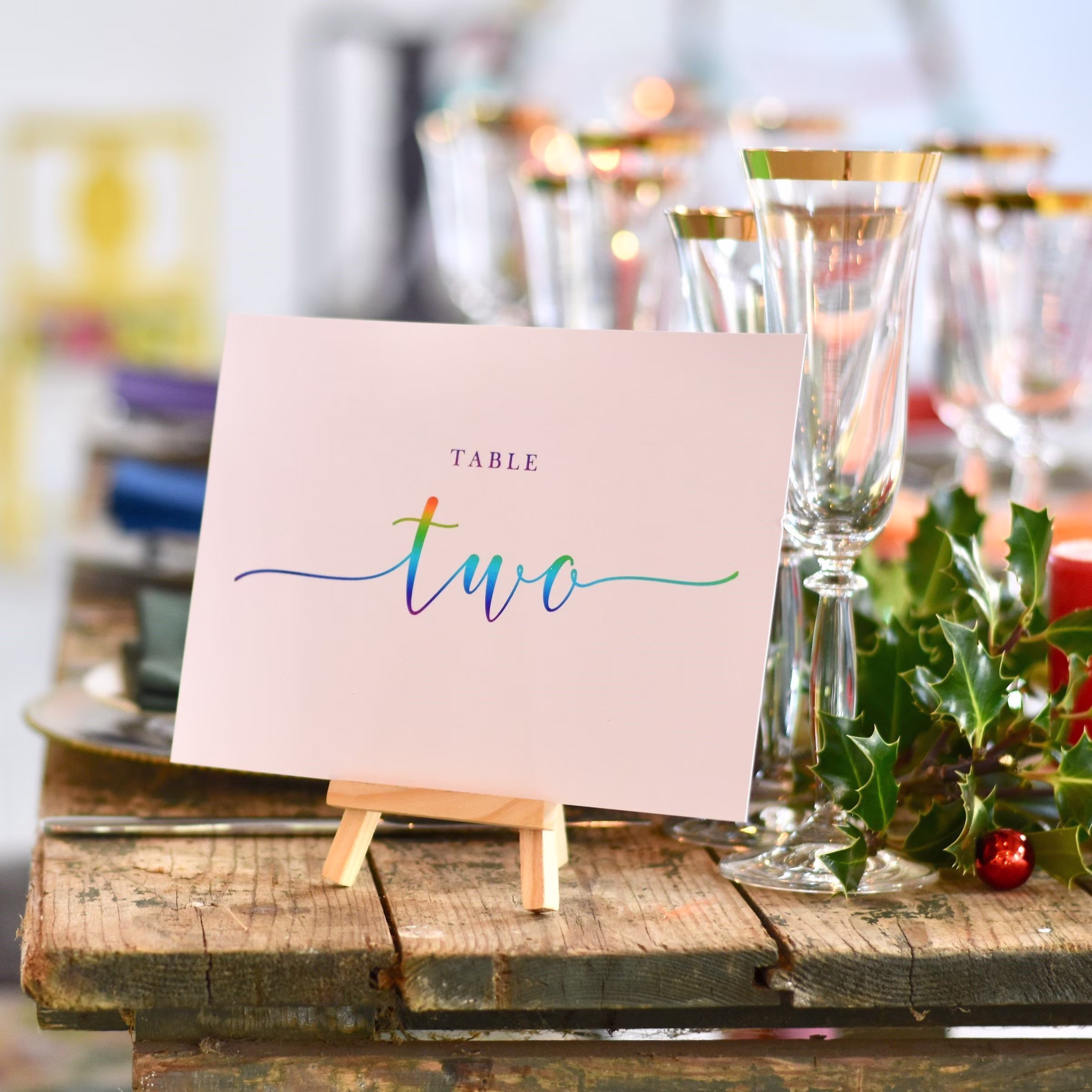 A6/A5 Table Number Cards | Calligraphy Typeset Rainbow Foil Names Place Setting