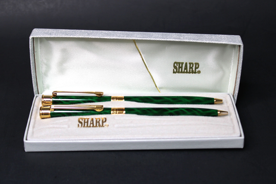 Vintage Sharp Elegant Boxed Set Of Green&gold Trim Metal Pen & Mechanical Pencil International