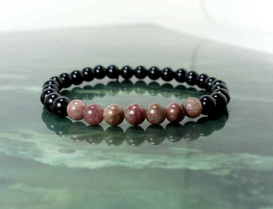 Natural Rare Piemontite & Black Obsidian Bracelet 6mm, Gemstone Bracelet, Healing Crystal Women Mens Beaded + Gift Box