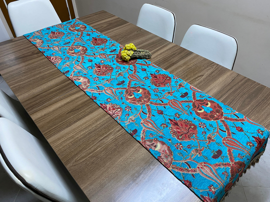Turquoise Tulip Design Turkish Table Runner, Boho Runner For Wedding, Farmhouse Gift, Home Decor, Decoration, Rnr542