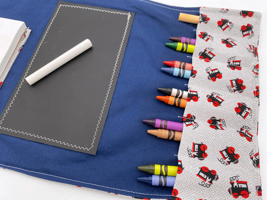 Activity Wallet, Travel Crayon Roll, Chalkboard Mat, Case, Gift For Kids, Pencil Creative Toy, Stickers - Trains