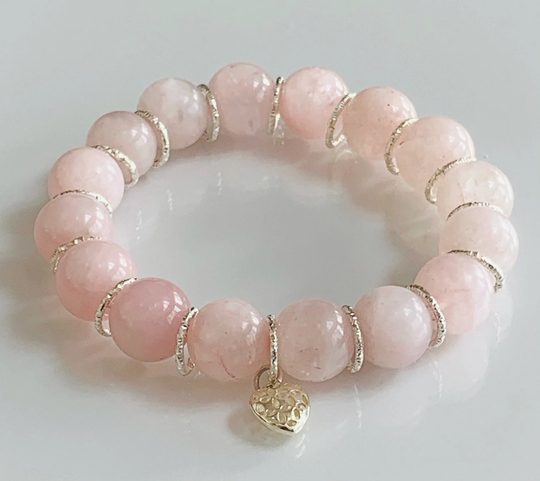 Rose Quartz Bracelet, Stretch Large 12mm Beads, Crystal Bead Heart Charm