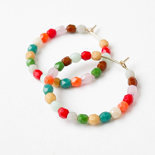Colorful Beaded Hoops, Gold Filled Hoops, Colorful Simple Gold Hippie Color Lover Boho Jewelry For Bff