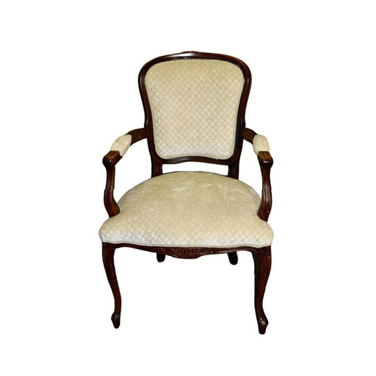 Carved French Style Open Arm Chair W/Patterned Fabric