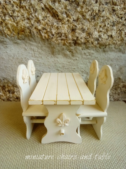 Miniature Set Table & Chairs, Dollhouse Table French Country, Dinning Table, Farmhouse