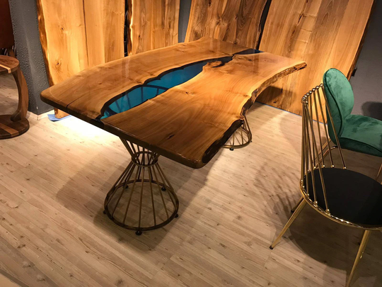 Blue Walnut Epoxy Resin Table, Live Edge Natural Clear Slab, Handmade Custom Sea Table