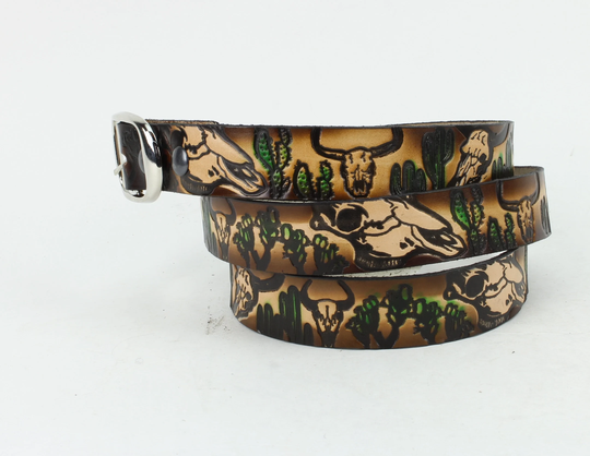 Cattle Skull Brown Leather Belt, Heavy Duty Hand Tooled Leather, Gift For Him, Steer Skull & Cactus, Cowboy Belt, Made in The Usa