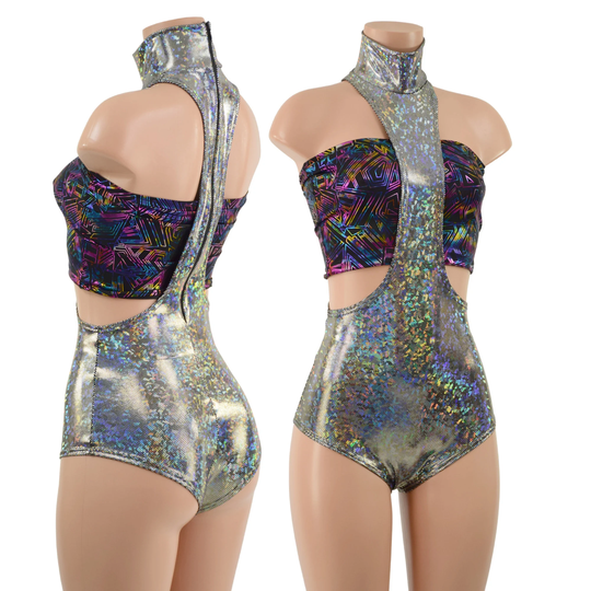2Pc Silver Kaleidoscope Ufo Suit Turtleneck Back Zipper Siren Romper & Cyberspace Tube Crop Top Set - 157787