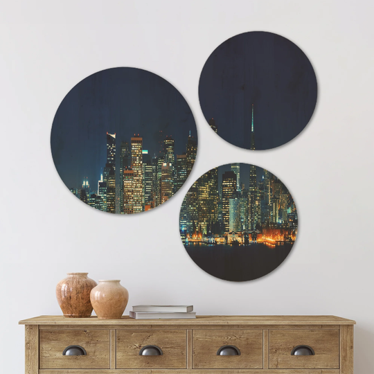 Designart 'San Francisco Skyline at Night' Cityscape Wood Wall Art Set of 3 Circles - Multi-Color