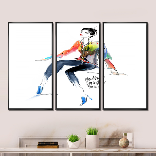 Designart 'Young Woman Colorful' Portrait Framed Art Set of 3 - 4 Colors of Frames