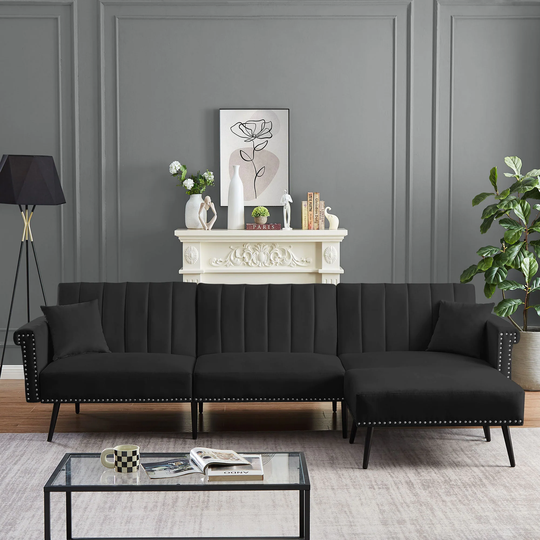 Velvet Pull Point Cushion Back Sectional Sofa Set with Ottoman&2 Pillows&Nailhead Trims,For LivingRoom