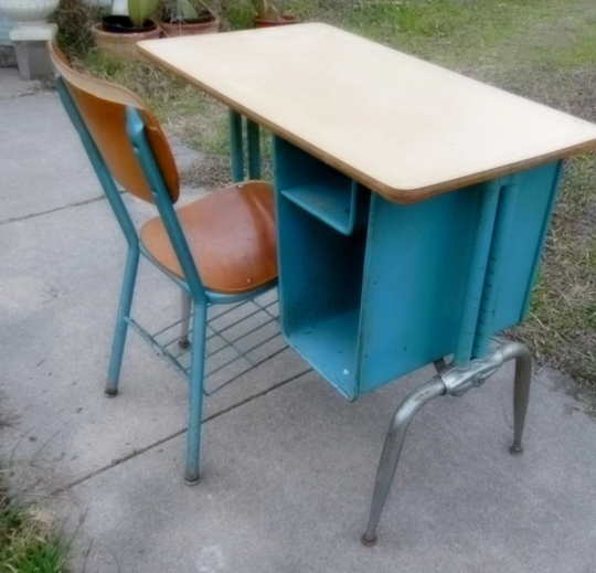 Vintage Mid Century Modern Heavy Metal Adjustable Student Child Size Kids Desk Chair 1950S Turquoise Chrome School Salvage Home