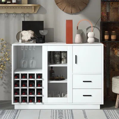 Functional Wood White Sideboard With Glass Sliding Door And Integrated 16 Bar Wine Compartment
