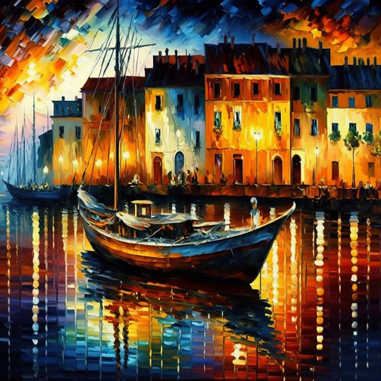 Designart 'Colorful Port With Fishing Boat I' Cityscapes Framed Canvas Art Print
