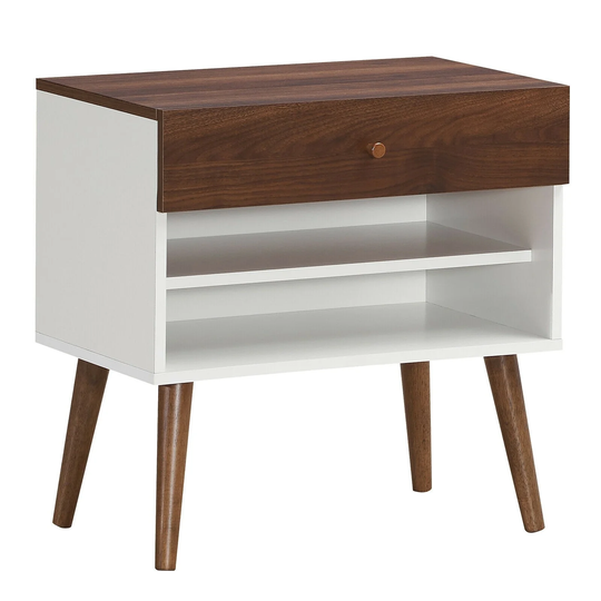 Nightstand End Side Table Drawer Storage Shelf Mid-Century Rubber Wood Leg - Walnut and White