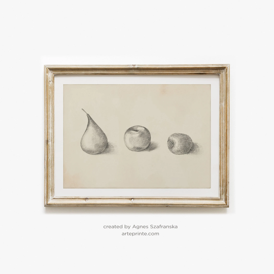 Fruit Art Print, Sketch Of Pear Apple Kiwi, Minimalist Pencil Drawing Vintage Style Botanical Illustration Printed & Shipped Giclée Print
