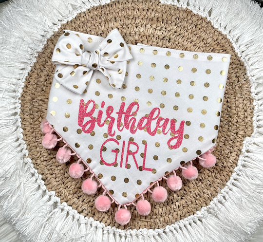Birthday Girl Pink & Gold Dog Bandana With Optional Pom Trim