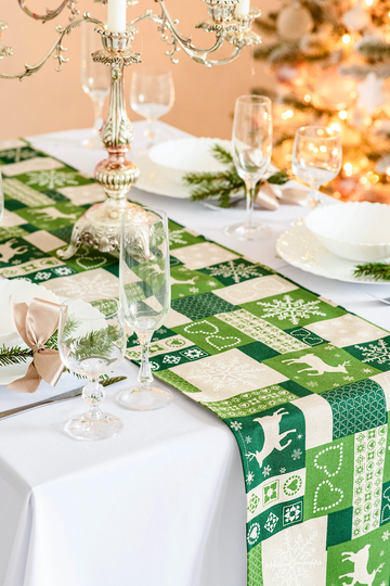 Reindeer Table Runner, Green Christmas Topper, Festive Decoration, Holiday Dresser, Cute Snowflake Centerpiece