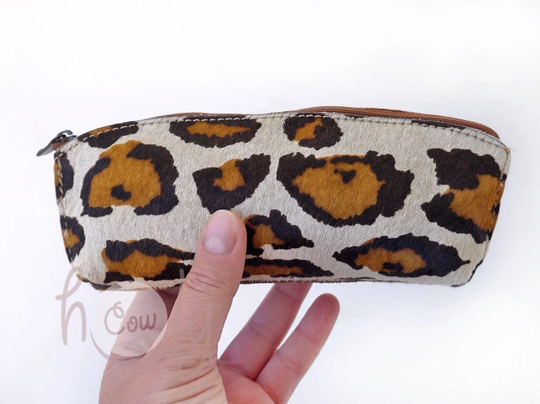 Handmade Brown Suede Leather Glasses Case With Funky Cowhide, Cowhide Pencil Case, Eyeglass Purse