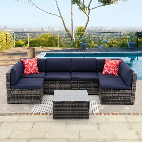 7Pcs Outdoor Garden Patio Sectional Sofa, PE Rattan Wicker Cushioned Modular Design Sofa Sets with 2 Pillows and Coffee Table