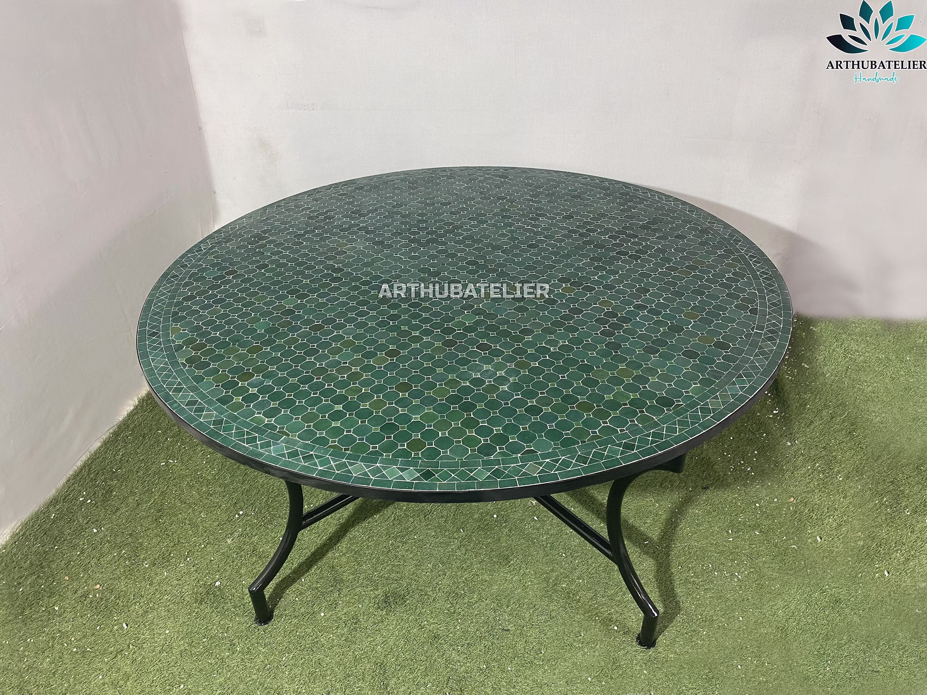 Mosaic Table Green 100% Handcrafted Moroccan Tiles For Outdoor & Indoor Round, Customizable Colors Pattern, Mid Century Crafts