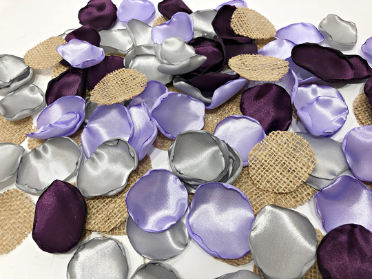 Lavender Rustic Wedding Table Decor - Plum Grey Burlap Rose Petals Boho Country Bridal