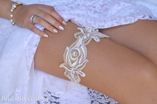 Bridal Accessories Gold Lace Wedding Garter Set, Set Garter, Gift, Rustic For Party