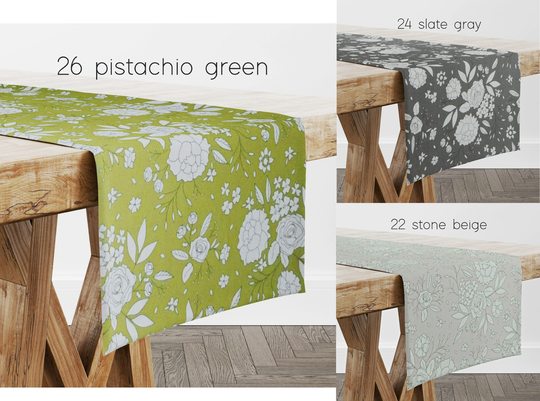 Vintage Look Floral Table Runners, Pistachio Green, Slate Gray, Stone Beige With White Flowers | USA Handmade 24, 36, 48, 54, 66, 72 Inch