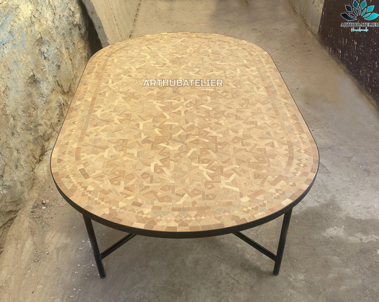 Mosaic Dining Table Color Of Natural Stone Geometric Design, Large Oval Tiles Mosaic For Outdoor-Indoor 100% Handcrafted