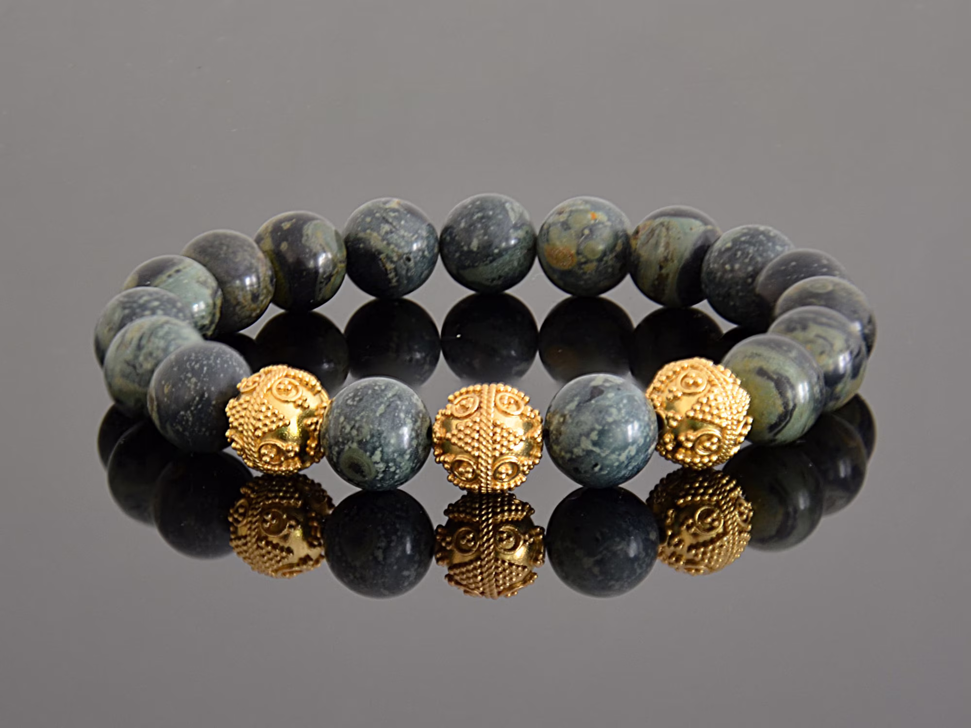 Genuine Dark Green Kambaba Jasper & Gold 10mm Men's Luxury Beaded Designer Stretch Bracelet