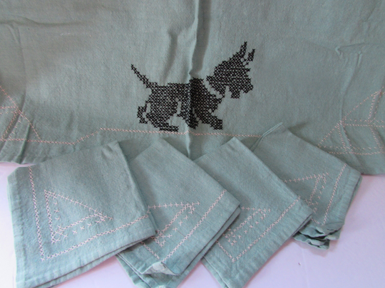 Vintage Table Cloth Matching Napkins Black Scottie Dogs Luncheon Breakfast Linens Cross Stitch White Grid Pattern Hand Hems