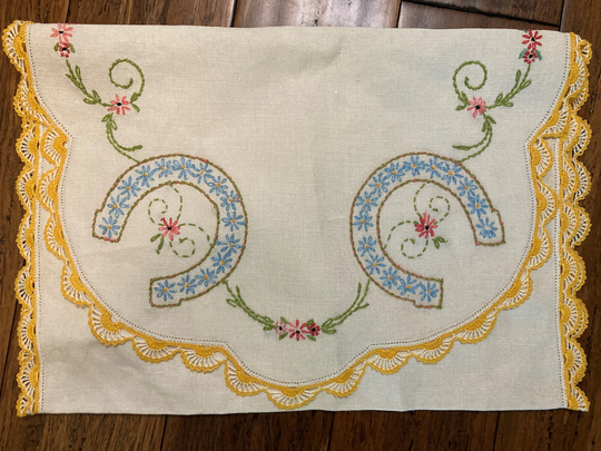 Vintage Hand-Embroidered Table Runner with Lucky Blue Horseshoes, Pink Flowers, & Yellow Crocheted Lace Edging