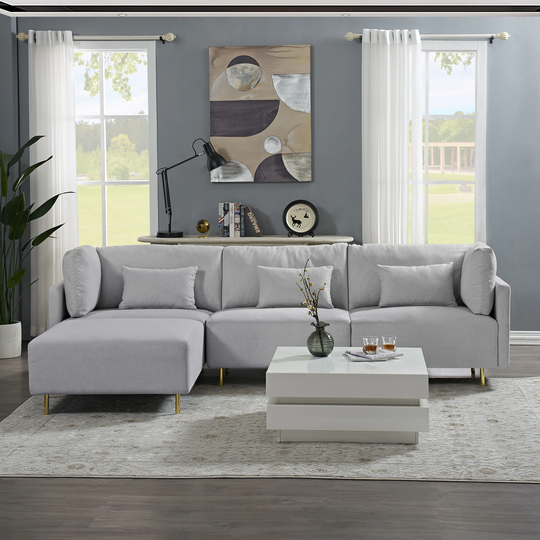 Modern Luxury Style Sectional Sofa Couch Quality Upholstery L Shape Sofa Golden Metal Leg with Convertible Ottoman Chaise