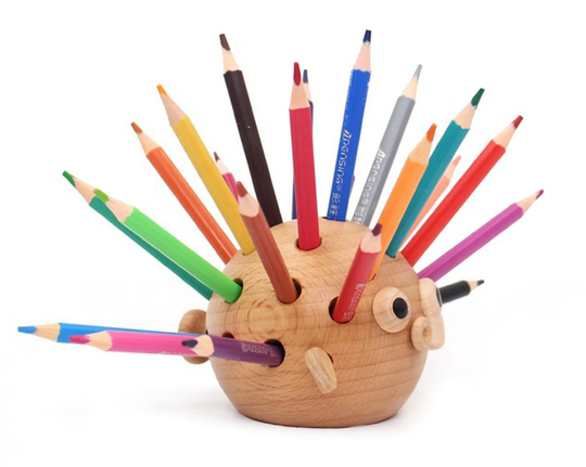 Creative Solid Wood Carving Hedgehog Pufferfish Little Duck Pen Pencil Holder, Tabletop Ornament Lovely Gift Wooden Storage