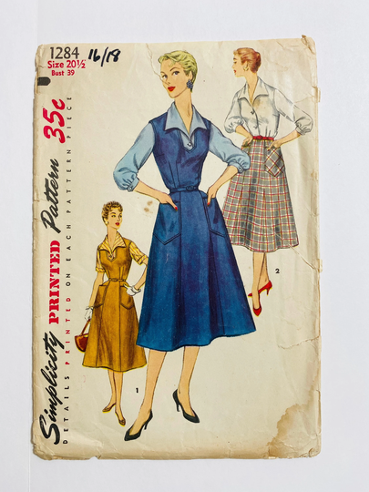 Simplicity 1284 Bust 39" Vintage 1950S Sewing Pattern 1955 50S Big Pocket Jumper Dress Full Pencil Skirt