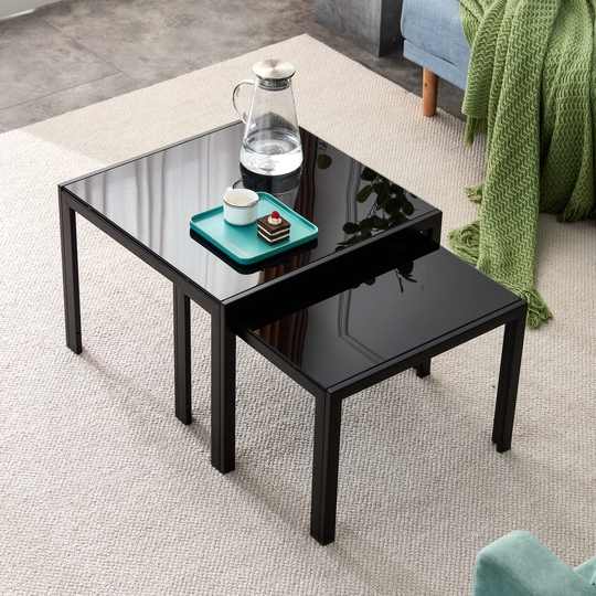 2 Piece Nesting Coffee Table Square Center Table Modern Stacking Table with Metal Frame End Table for Living Room,Bedroom