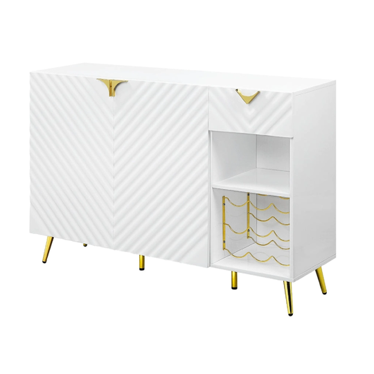 Bet 54 Inch Modern Sideboard Buffet Table, 2 Doors, Wine Rack, White, Gold