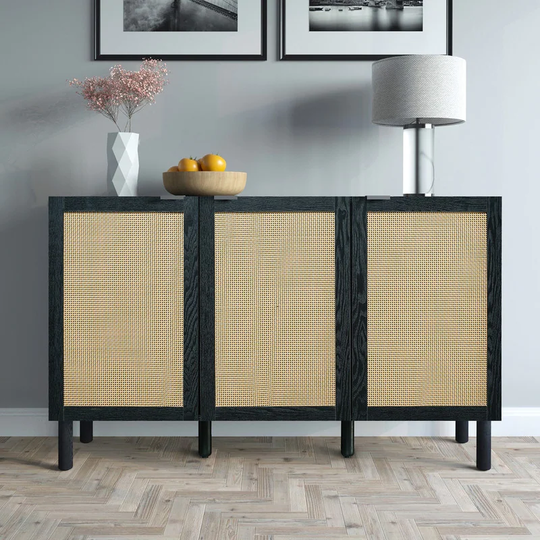 Orre 3 Door Cabinet -Black Frame With Brown Rattan