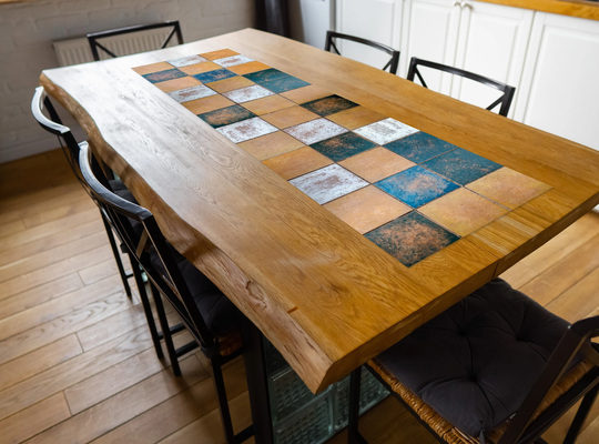 Gold & Teal Table Runner, Geometric Coffee Décor, Printed Runner On Vinyl Fabric, Ceramic Tile Print Décor